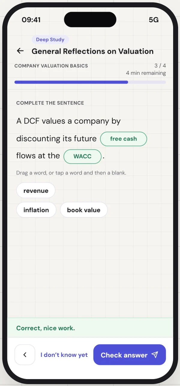 Fill-in-the-blank question about discounting free cash flows at the WACC, answered correctly
