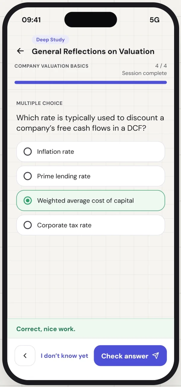 Multiple choice question about the discount rate used in a DCF, answered correctly