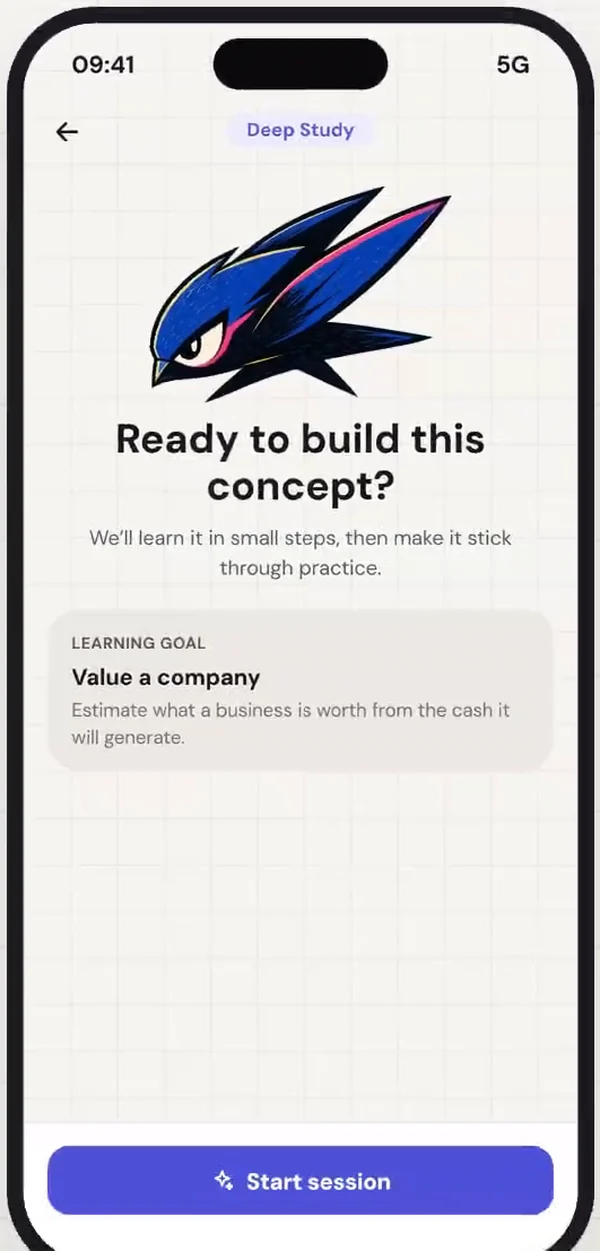 Start screen of a study session with the learning goal 'Value a company'